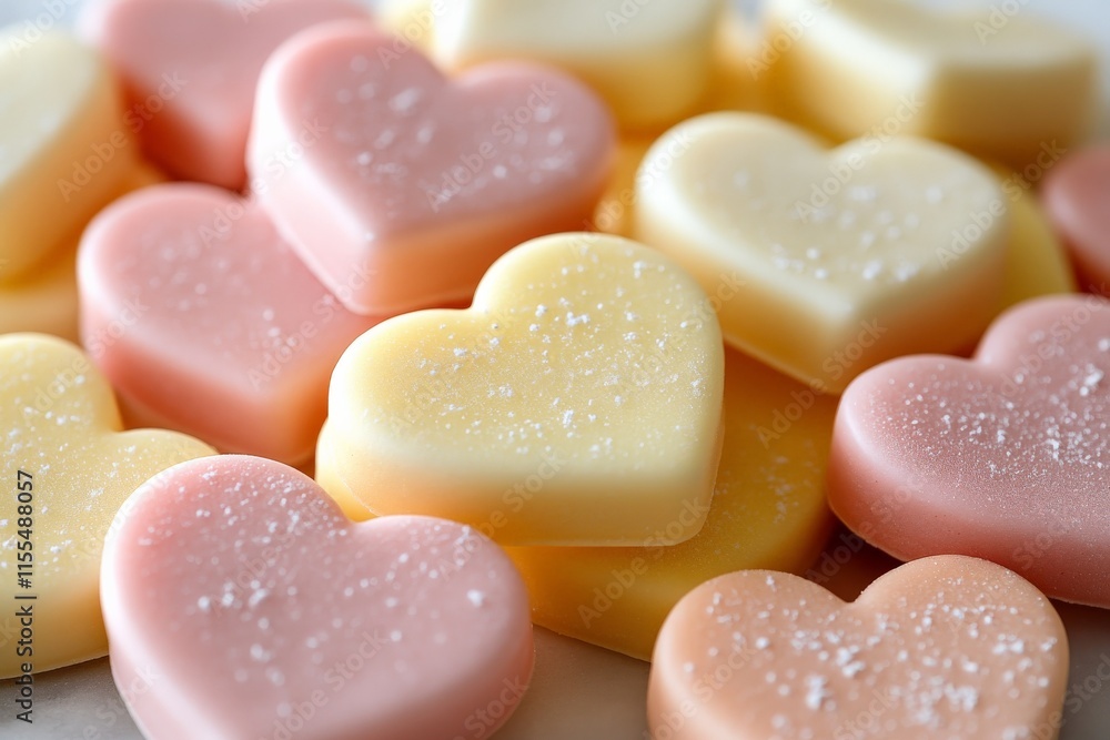 Fototapeta premium Colorful heart-shaped candies arranged in a delightful display for celebrations and special occasions