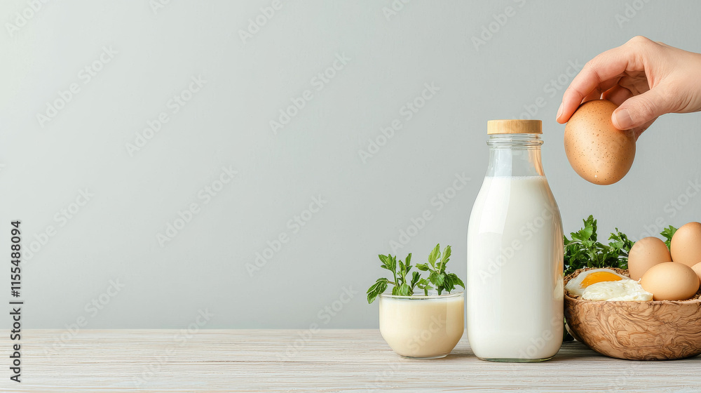 Fresh milk and eggs on wooden table with herbs, perfect for cooking Fresh milk and eggs on wooden table with herbs, perfect for cooking