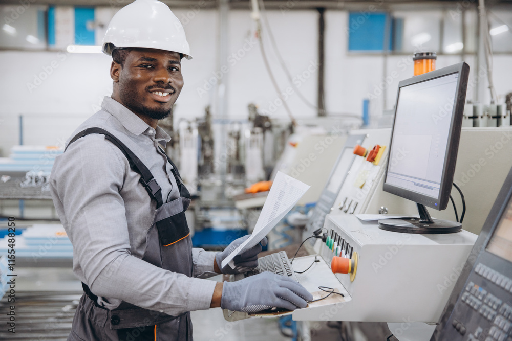 Factory worker operating machinery for aluminum and PVC windows and doors production