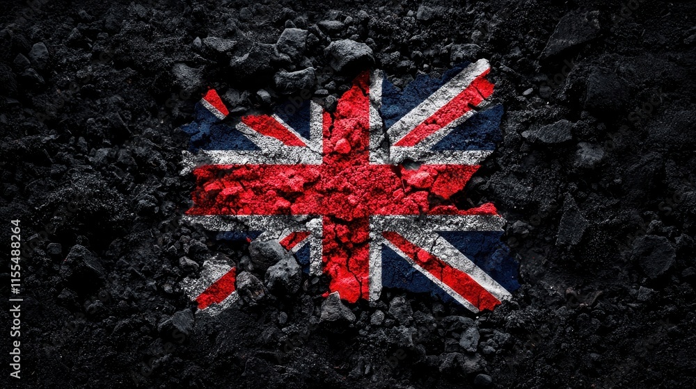 Cracked Surface with Painted United Kingdom Flag on Dark Ground Cracked Surface with Painted United Kingdom Flag on Dark Ground