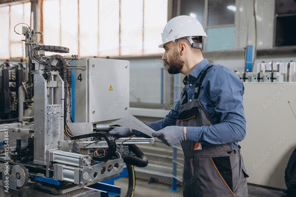 Factory worker operating machinery producing aluminum and pvc windows and doors Factory worker operating machinery producing aluminum and pvc windows and doors