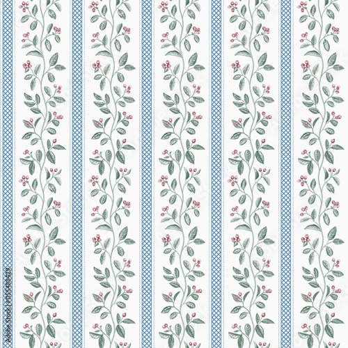 Seamless pattern with vertical stripes and twigs of cotoneaster. Vector vintage illustration. Green, blue and red.