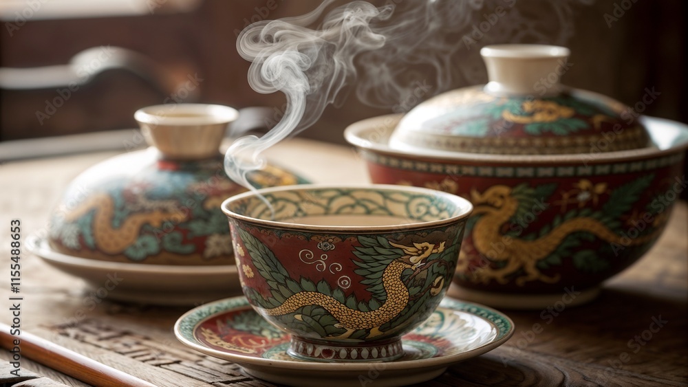 Ornate tea set with a steaming cup and dragon motifs on a rustic wooden table Ornate tea set with a steaming cup and dragon motifs on a rustic wooden table