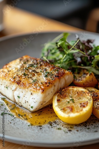 Gourmet Lemon Butter Fish Fillet with Mixed Greens and Grilled Lemon Slices on a Stylish Cafe Plate, Perfect for Food Photography and Culinary Art Displays photo