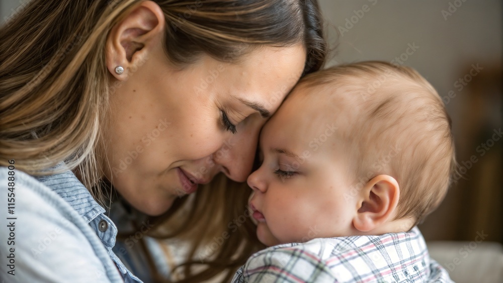 Heartwarming close-up of mother and baby sharing an affectionate moment with touching foreheads Heartwarming close-up of mother and baby sharing an affectionate moment with touching foreheads