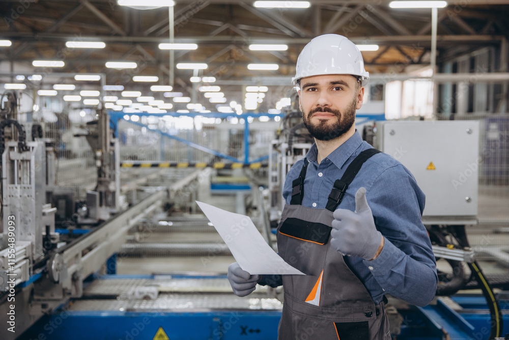 Factory worker showing thumbs up while holding documents in metalwork production line Factory worker showing thumbs up while holding documents in metalwork production line