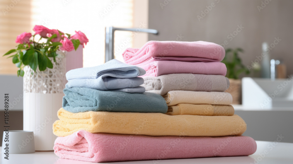 stack of colorful, soft towels arranged in a cozy modern laundry room, complemented by a potted plant, creating a fresh and clean aesthetic stack of colorful, soft towels arranged in a cozy modern laundry room, complemented by a potted plant, creating a fresh and clean aesthetic
