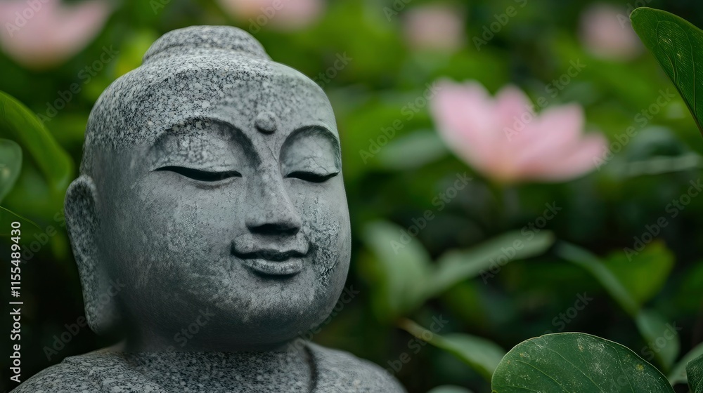 Serene Stone Buddha Statue in Lush Garden Setting Serene Stone Buddha Statue in Lush Garden Setting