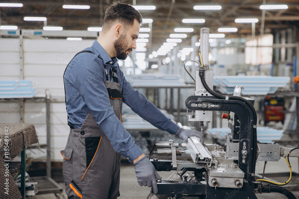 Factory worker operating industrial machinery producing aluminum and pvc windows and doors Factory worker operating industrial machinery producing aluminum and pvc windows and doors