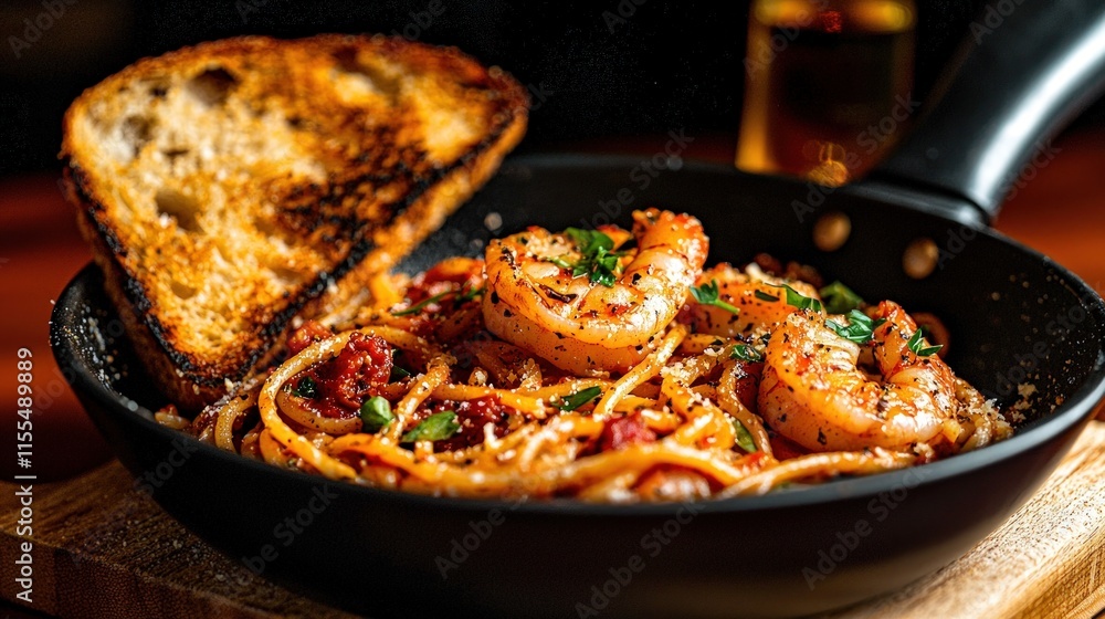 Spicy shrimp pasta in a skillet with toasted bread. Spicy shrimp pasta in a skillet with toasted bread.