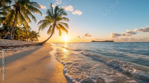Fototapeta Naklejka Na Ścianę i Meble -  Idyllic sunset on tropical beach with palm trees.