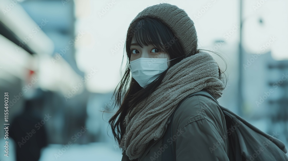 マスクをつけて歩く日本人女性 マスクをつけて歩く日本人女性