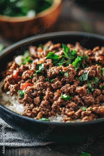 Delicious Mongolian Ground Beef Served on Rice with Fresh Herbs and a Soft Focus Cafe Background Perfect for Culinary and Food Photography