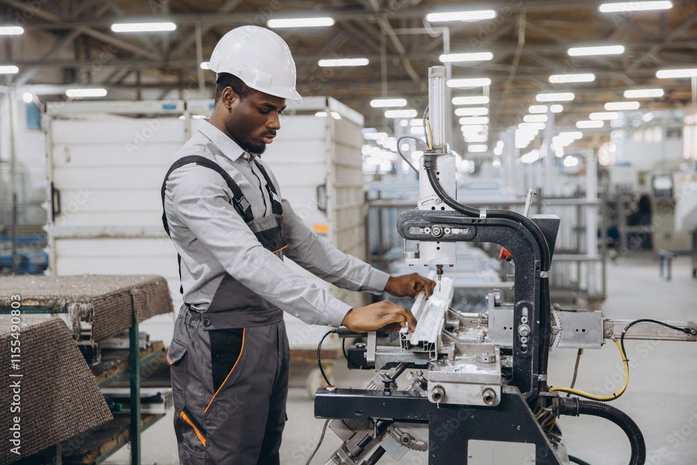 Factory worker operating machinery producing aluminum and pvc windows and doors Factory worker operating machinery producing aluminum and pvc windows and doors