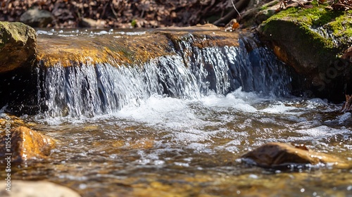 Sunlit Clear Stream Waterfall Over Mossy Rocks in Woodland Setting : Generative AI