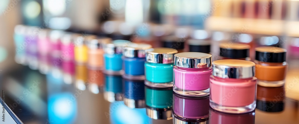 A colorful array of nail polish jars displayed on a reflective surface. A colorful array of nail polish jars displayed on a reflective surface.