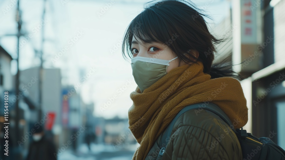 マスクをつけて歩く日本人女性 マスクをつけて歩く日本人女性