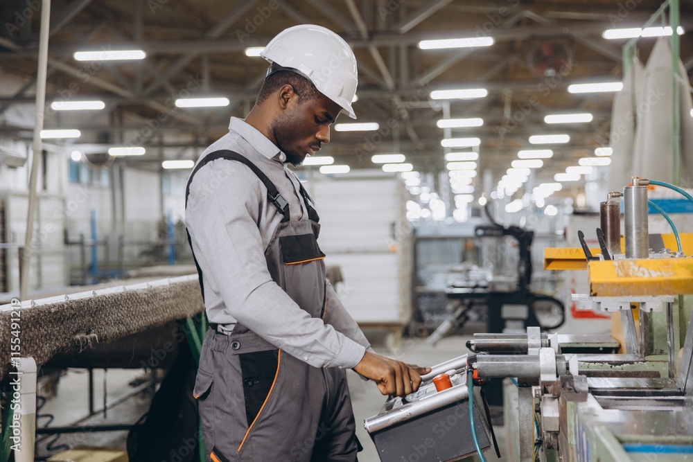 Factory worker operating machinery producing aluminum and pvc windows and doors Factory worker operating machinery producing aluminum and pvc windows and doors