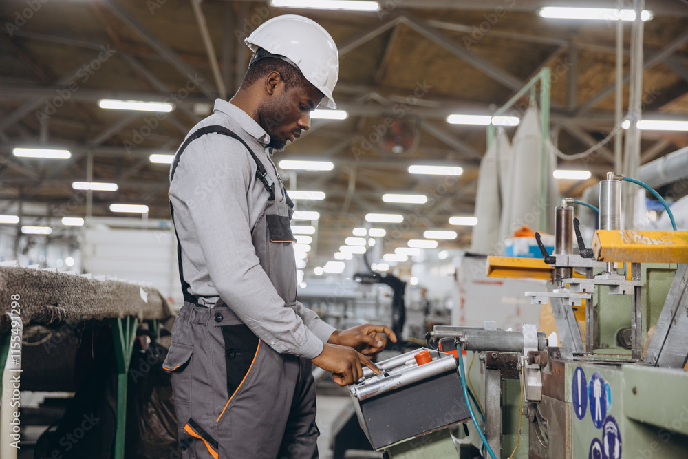 Factory worker operating machinery producing aluminum and pvc windows and doors Factory worker operating machinery producing aluminum and pvc windows and doors