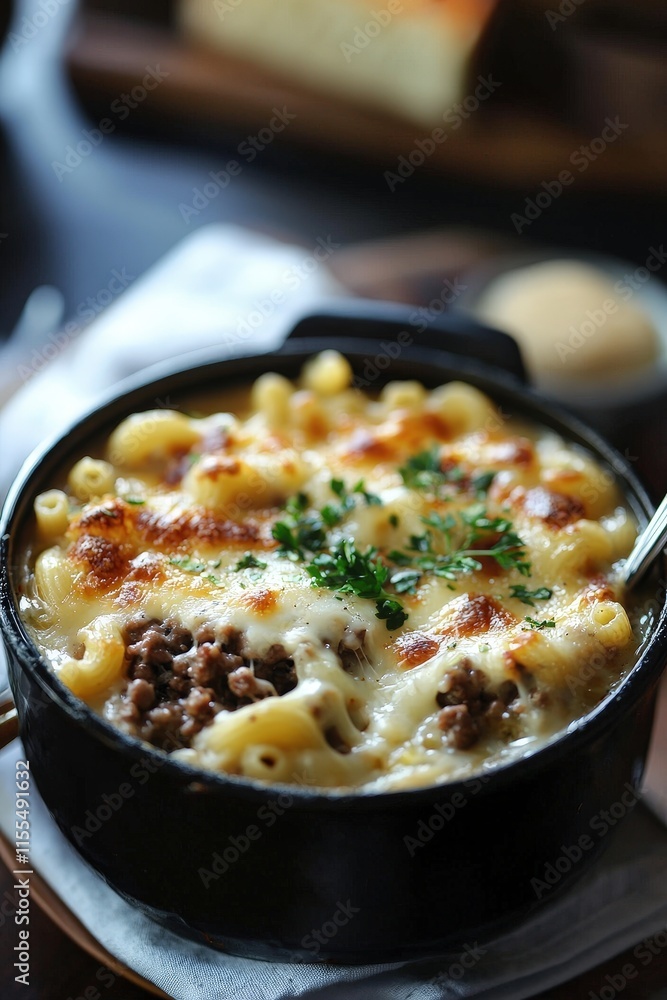 Creamy Cheesy Macaroni with Ground Beef in a Rustic Black Pot Served in a Cozy Cafe Setting, Featuring Soft Bokeh Effects Creamy Cheesy Macaroni with Ground Beef in a Rustic Black Pot Served in a Cozy Cafe Setting, Featuring Soft Bokeh Effects