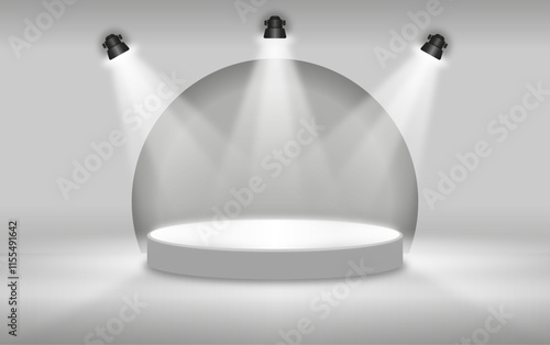 White Podium. Pedestal for winners standing white showroom round platforms presentation vector templates with black lighting stage 3 side. Podium or pedestal winner, stage platform illustration.