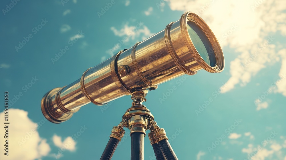 Antique brass telescope on tripod against a bright blue sky with clouds. Antique brass telescope on tripod against a bright blue sky with clouds.