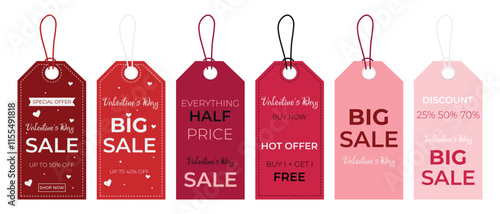 Big vector Valentine's day sale label set. Love day discount, big sale, special, hot offer, half price tag and shop now. Romantic sale up to 50%, 40%, 25%, 70% off shopping tag. Sale banner template
