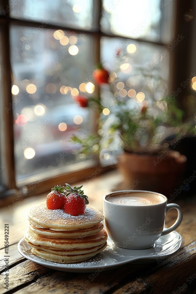 Delicious Swedish Pannkakor Served with Fresh Strawberries and a Cup of Coffee on a Wooden Table with a Cozy Background Delicious Swedish Pannkakor Served with Fresh Strawberries and a Cup of Coffee on a Wooden Table with a Cozy Background