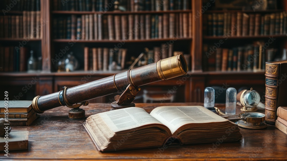 Antique telescope and open book on a wooden desk in a library. Antique telescope and open book on a wooden desk in a library.
