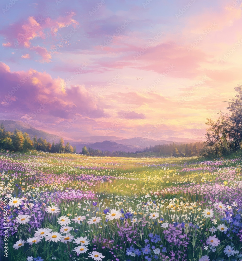 Obraz premium Beautiful Colorful Wildflower Field Under A Vibrant Sunset Sky Surrounded By Majestic Mountains And Lush Green Trees In A Serene Nature Landscape