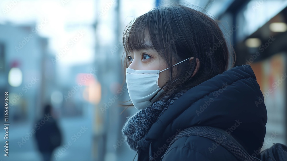 マスクをつけて歩く日本人女性 マスクをつけて歩く日本人女性