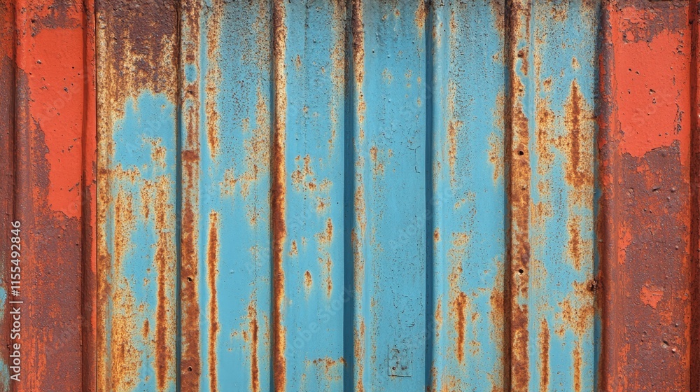 A weathered metal surface with blue and red paint, showing rust and texture. A weathered metal surface with blue and red paint, showing rust and texture.