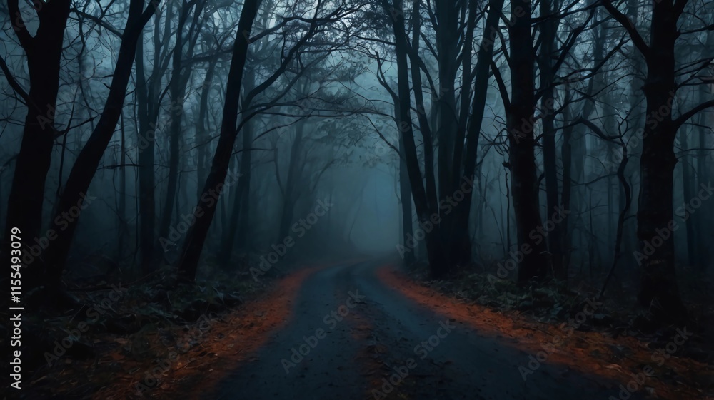 Naklejka premium Mysterious dark forest. dark and moody forest road covered in mist. halloween night background. Horror landscape of dark forest with scary tree