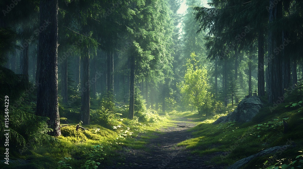 Obraz premium Peaceful Forest Path Surrounded by Lush Greenery and Towering Trees in Golden Light : Generative AI