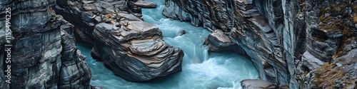 Aerial panorama of the Mistaya Canyon with dramatic rock formations carved by rushing turquoise waters. in 4K resolution photo