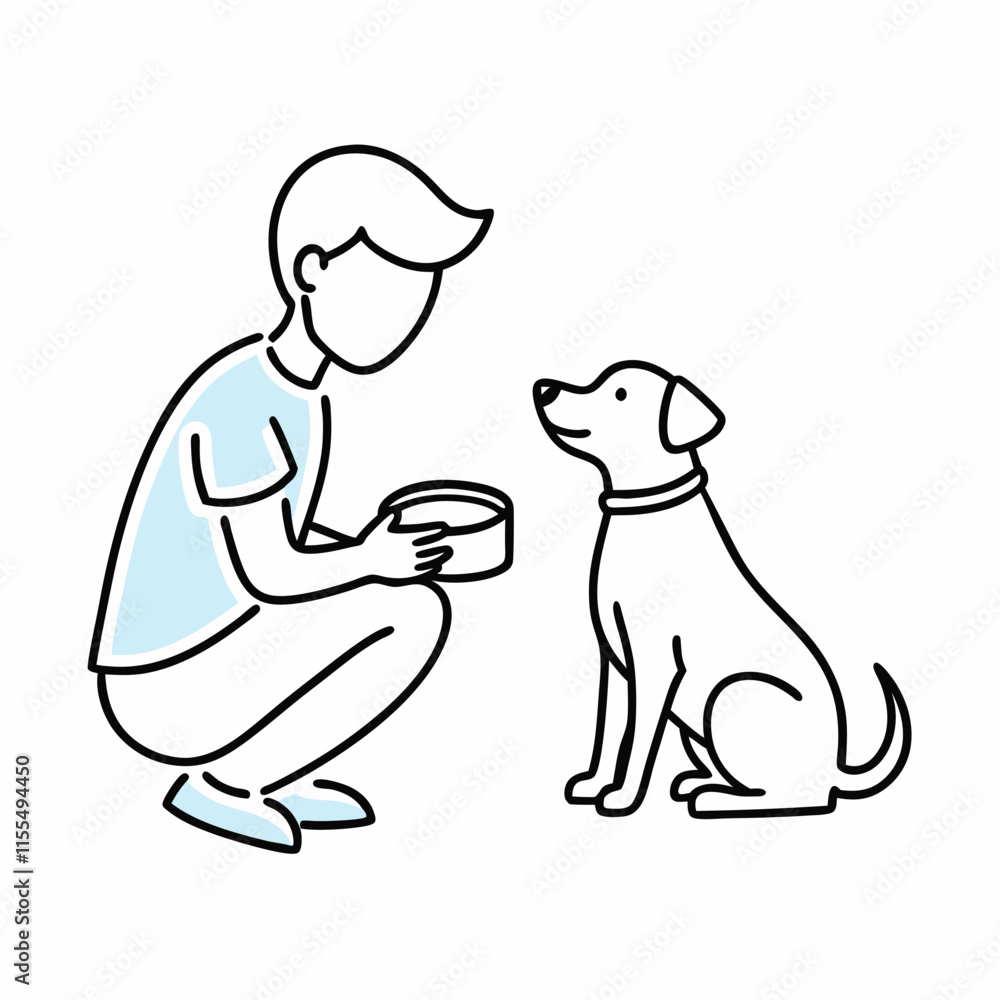 Obraz premium Person feeding and caring for a dog while kneeling with a food bowl on a white background