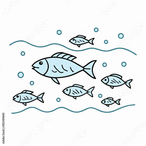 School of blue fish swimming in water with bubbles on a white background
