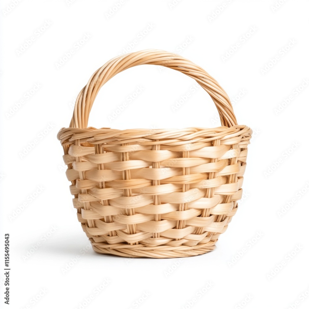 Woven basket with a rounded handle used for storage and decoration in home settings or outdoor activities Woven basket with a rounded handle used for storage and decoration in home settings or outdoor activities