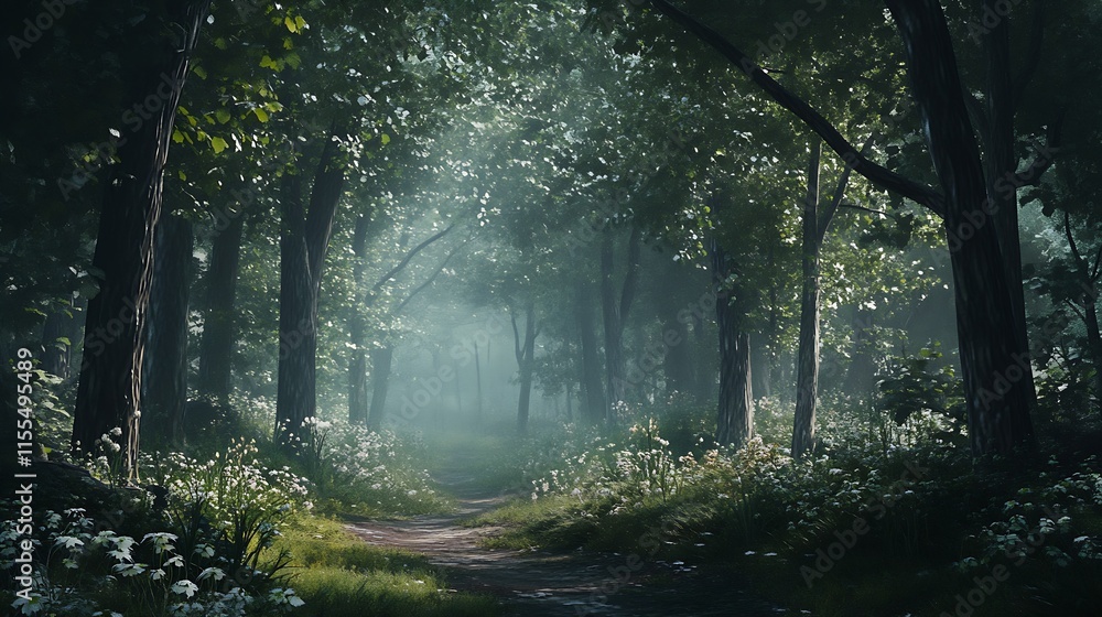 Fototapeta premium Enchanting Forest Path in Sunlight with Lush Greenery and Flowering Flora : Generative AI