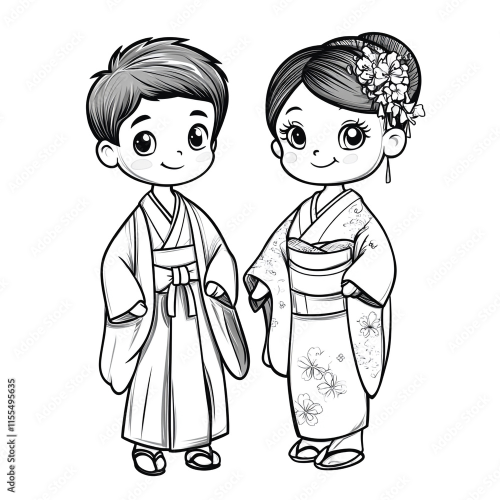 Adorable Japanese Children in Traditional Kimono Attire Adorable Japanese Children in Traditional Kimono Attire