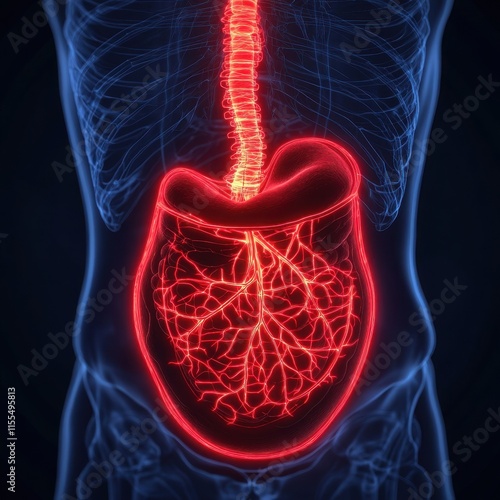 A detailed anatomical illustration showing the human stomach and blood vessels, highlighting their structure and connection. photo