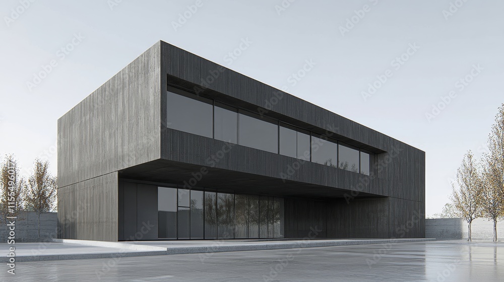 A modern, minimalist building with large windows and a sleek design.