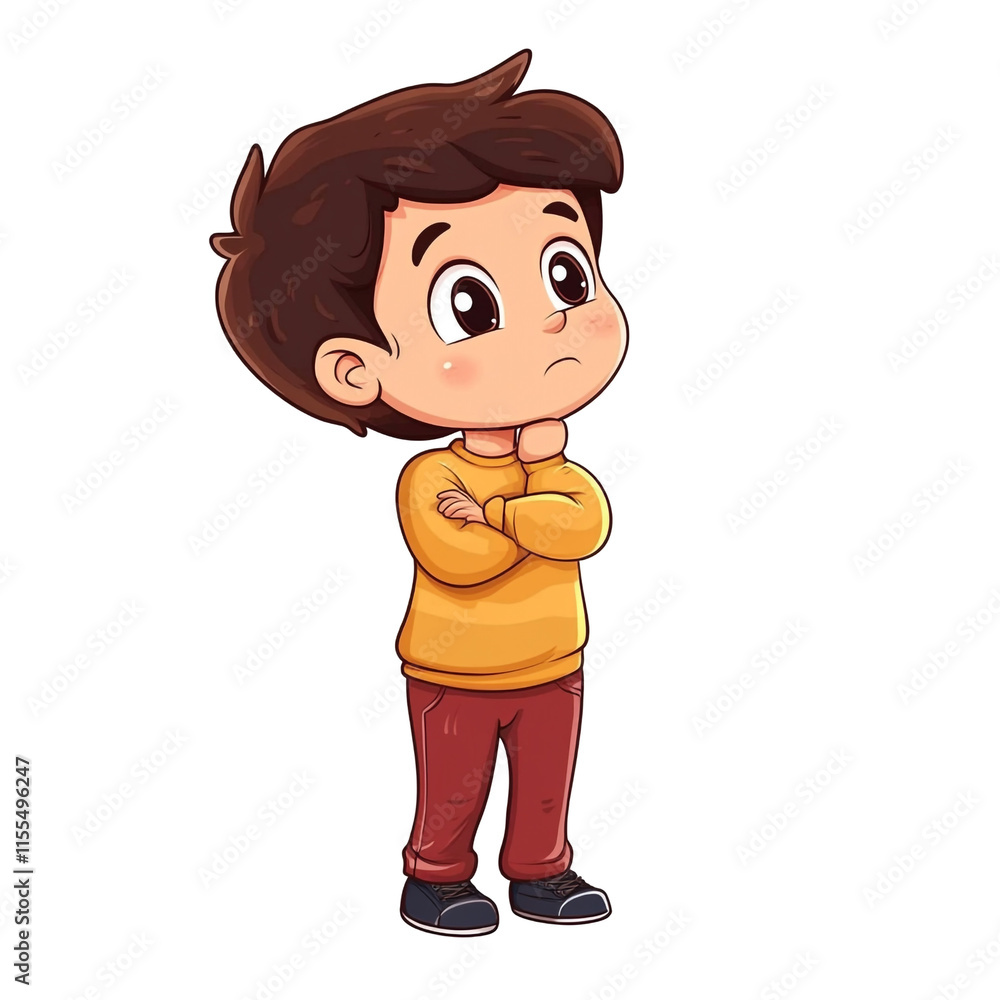A Pensive Young Boy,Lost in Thought,Cartoon Illustration A Pensive Young Boy,Lost in Thought,Cartoon Illustration