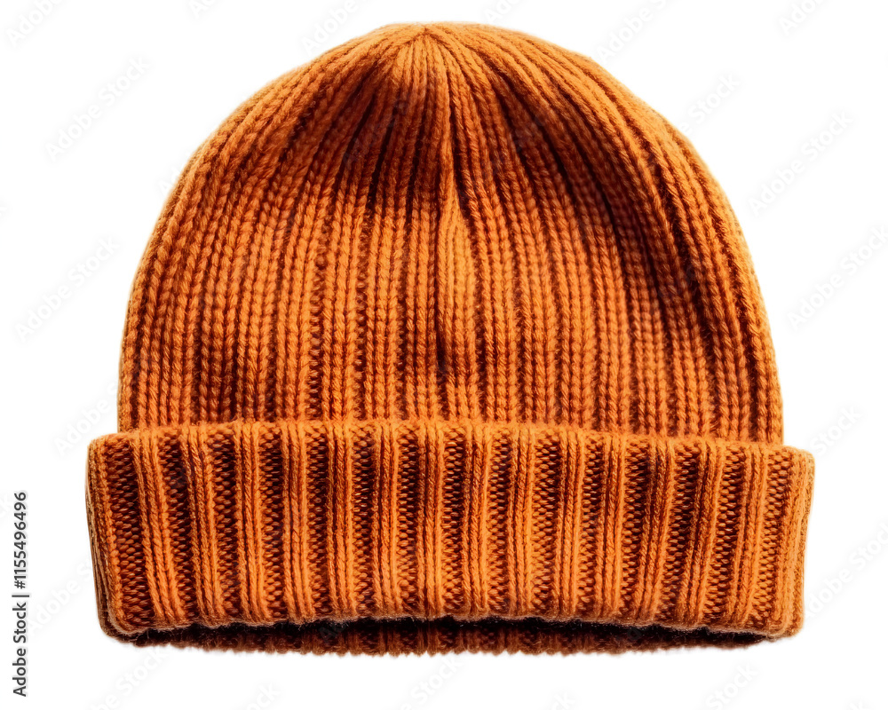 Fototapeta premium Orange knitted wool winter beanie with ribbed texture and a folded brim. Ideal for keeping warm in cold weather. Isolated on transparent background, png.