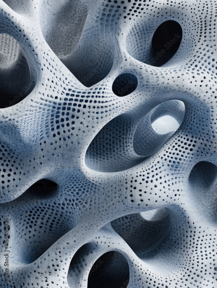 Abstract 3D structure with intricate patterns and holes, showcasing design and texture. Abstract 3D structure with intricate patterns and holes, showcasing design and texture.