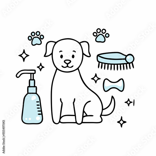 Aesthetic pet care setup with shampoo, brush, and dog sitting happily surrounded by grooming items