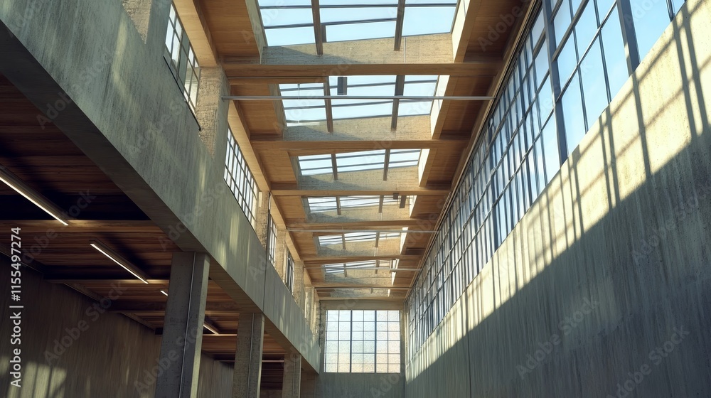 A spacious interior featuring large windows and wooden beams, emphasizing natural light. A spacious interior featuring large windows and wooden beams, emphasizing natural light.