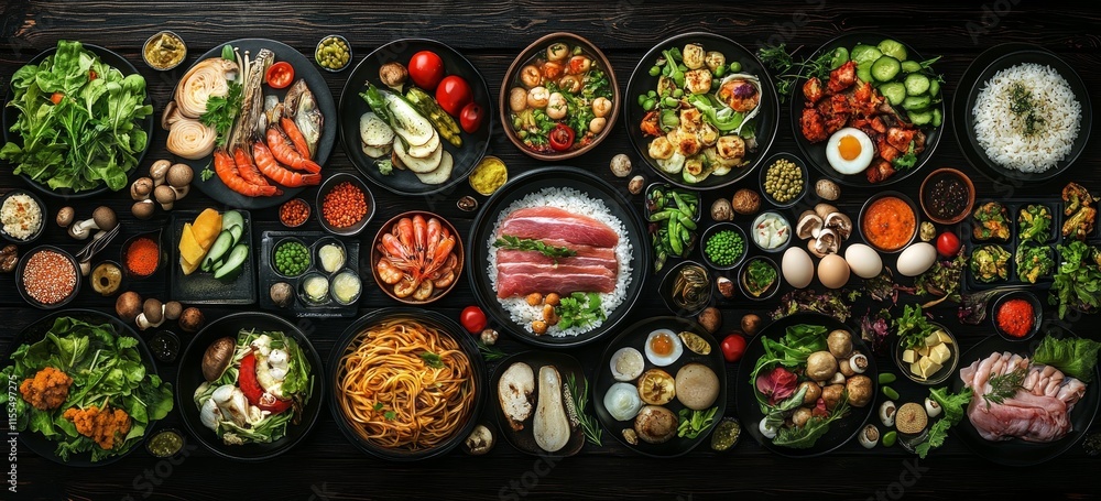Diverse selection of healthy food dishes, including seafood, meat, vegetables, and eggs, arranged on a dark wooden surface. Diverse selection of healthy food dishes, including seafood, meat, vegetables, and eggs, arranged on a dark wooden surface.