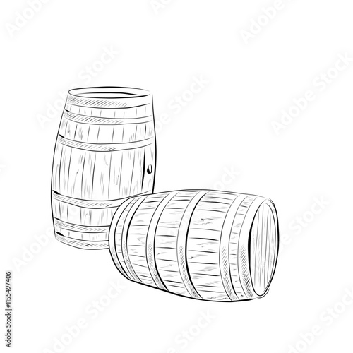 Line drawing. Line art - two wooden wine barrels.