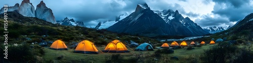 Wide shot of a serene camping site along the W Trek. with tents glowing softly under the towering peaks of Torres del Paine. in 4K resolution photo